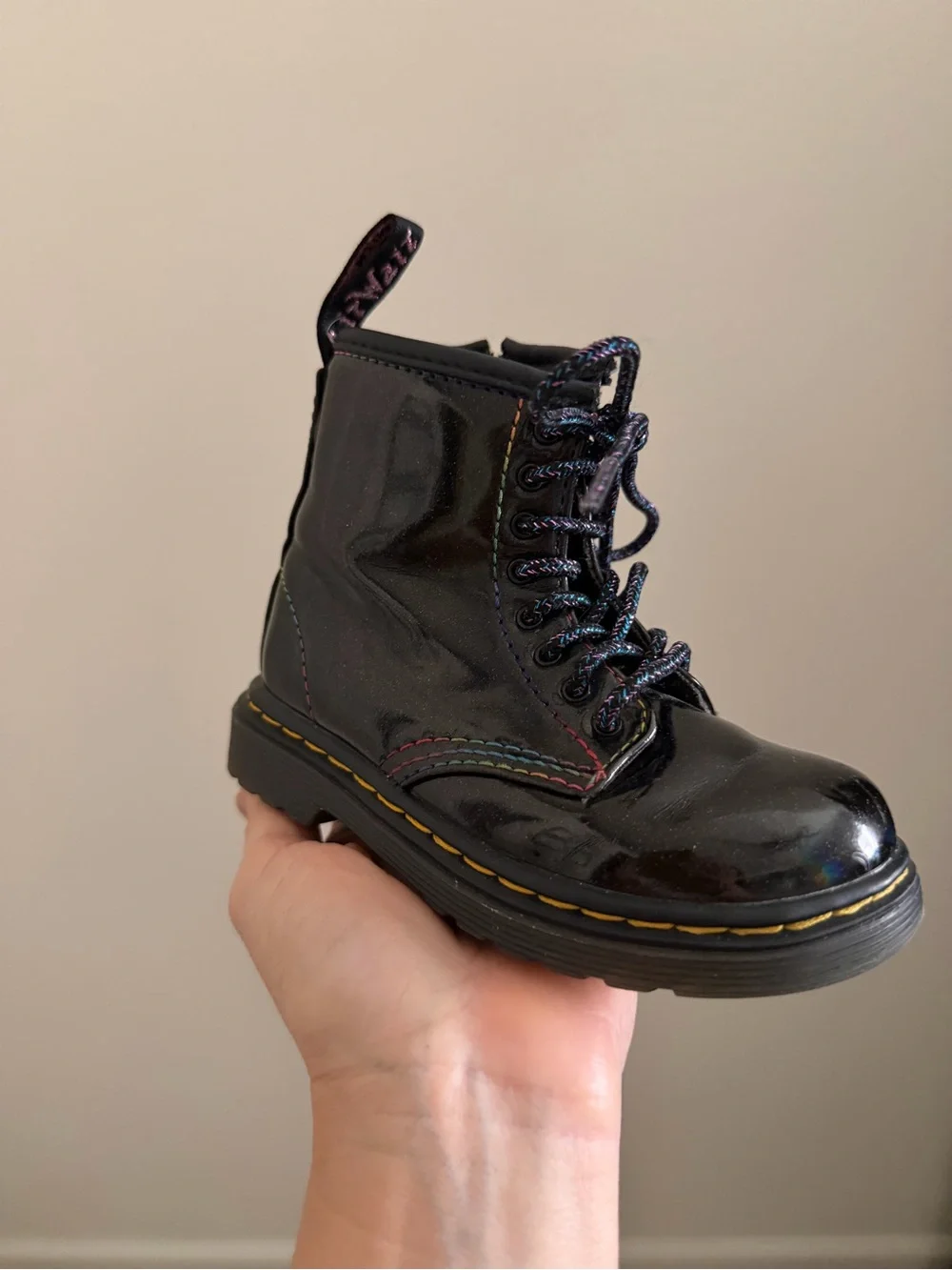 Dr. Martens Kids Black Patent Leather Lace-Up Boot with Rainbow Stitching